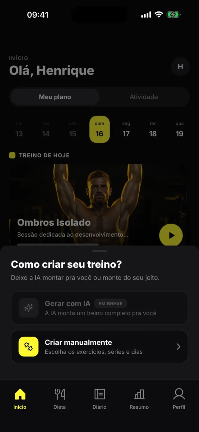 Tela de criação de treino: gerar com IA ou criar manualmente