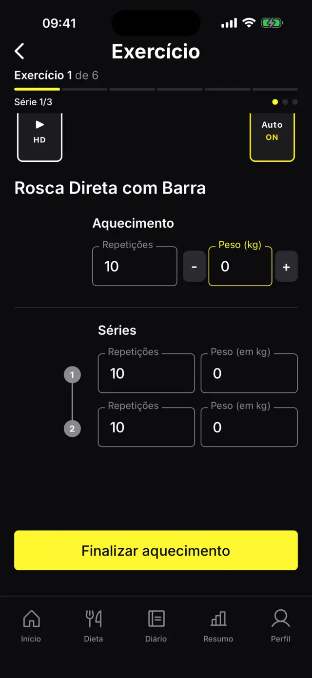 Tela de execução de exercício: Rosca Direta com Barra