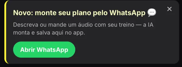 Banner no app: "Novo, monte seu plano pelo WhatsApp", com botão Abrir WhatsApp